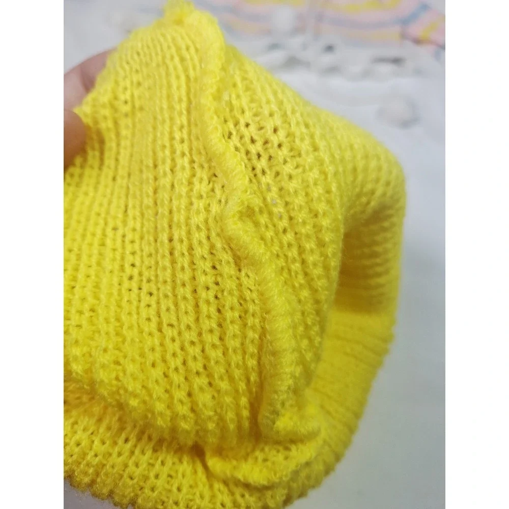 Vintage Hand Knit Doll Outfit Hat Sweater Footed Pants Baby Doll Pink Yellow Pom